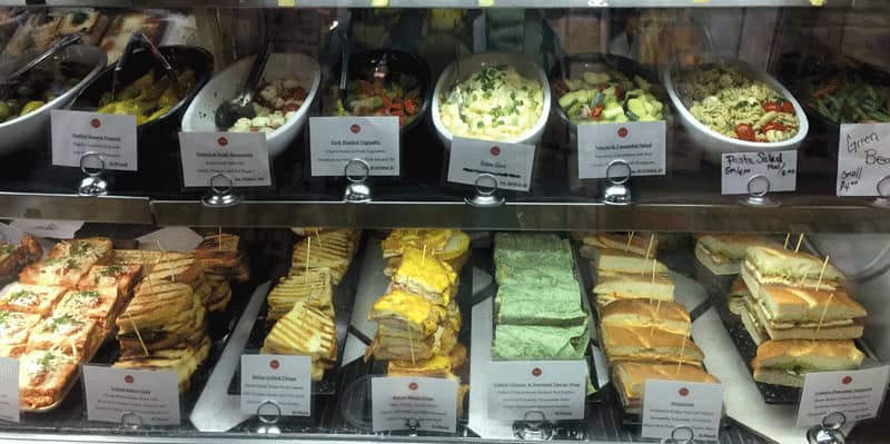 Sandwiches and sides on shelves at Pastaria